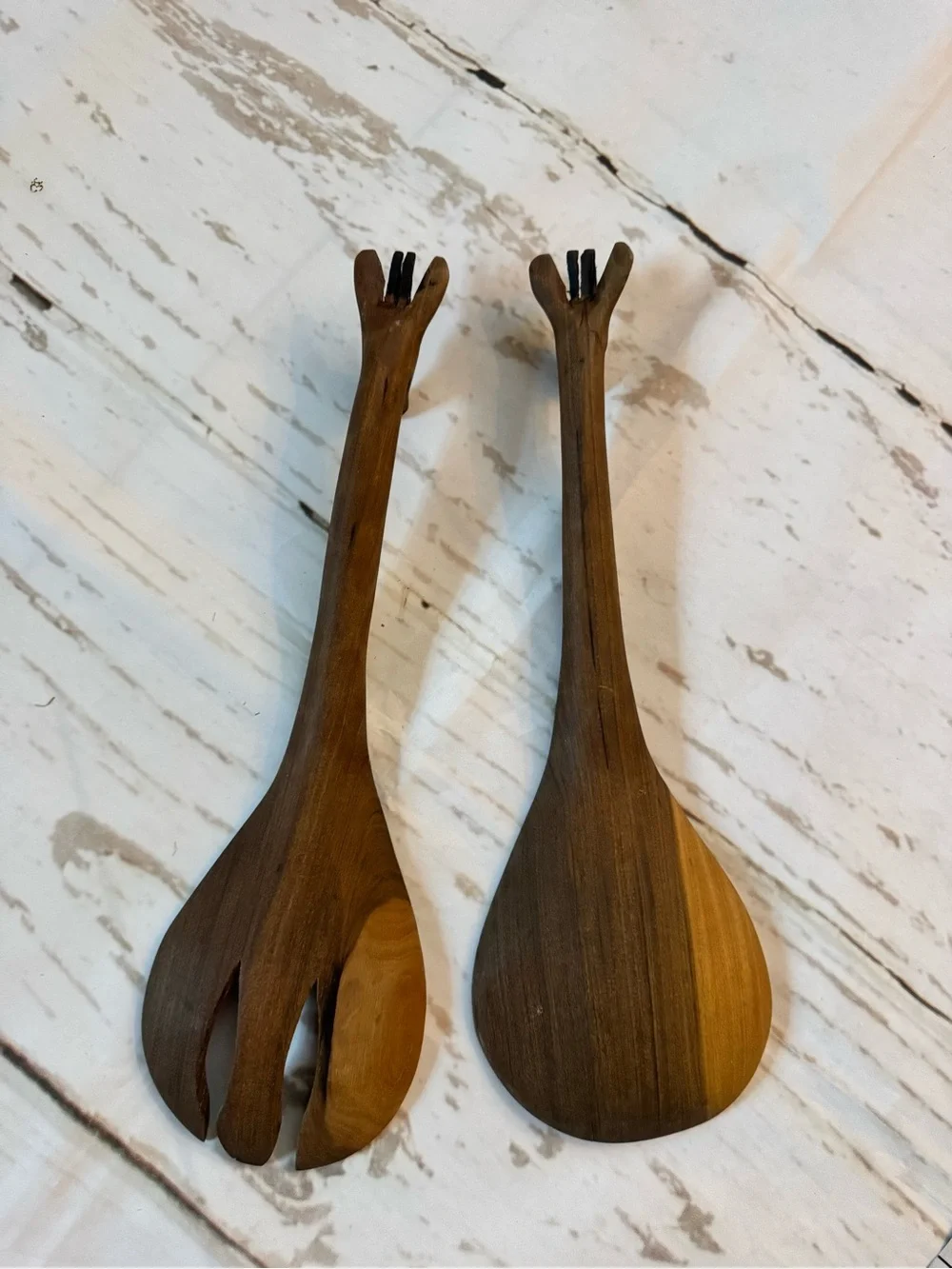African Handcarved Wooden Giraffe Salad Servers - Brown